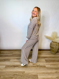 Mocha Striped Ribbed Long Sleeve Top and Wide Leg Matching Set