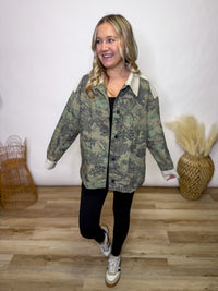 Camo Corduroy Accent Oversized Button-Up Jacket