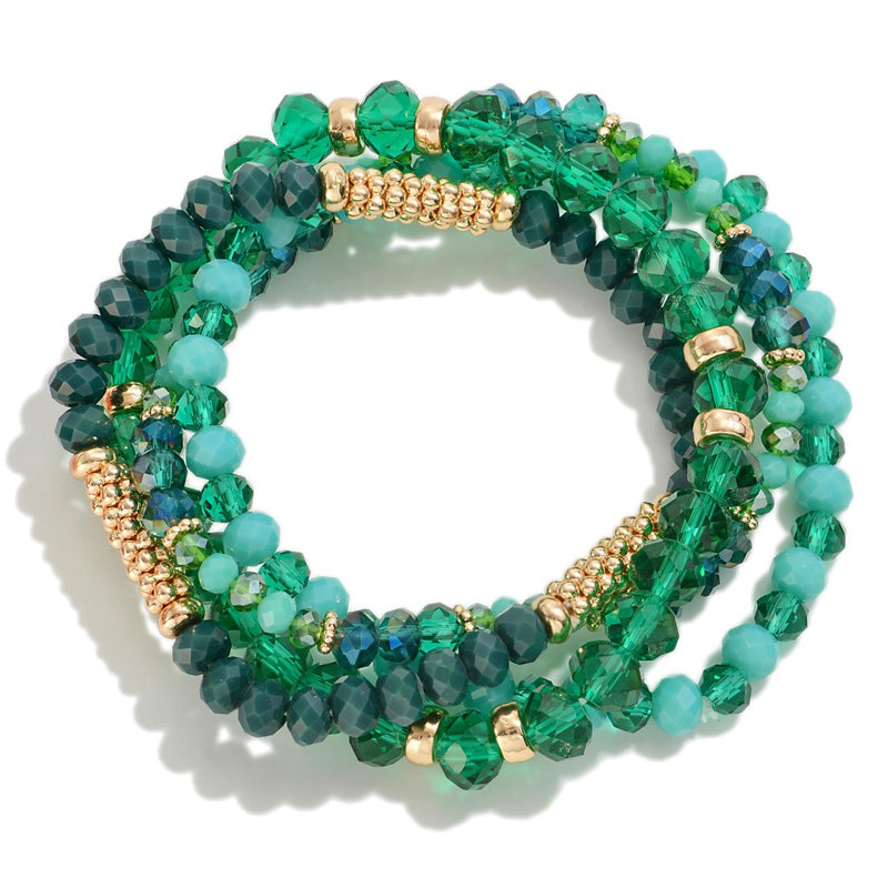 Green Set of Four Beaded Stretch Stack Bracelets Set Approximately 2.5" D