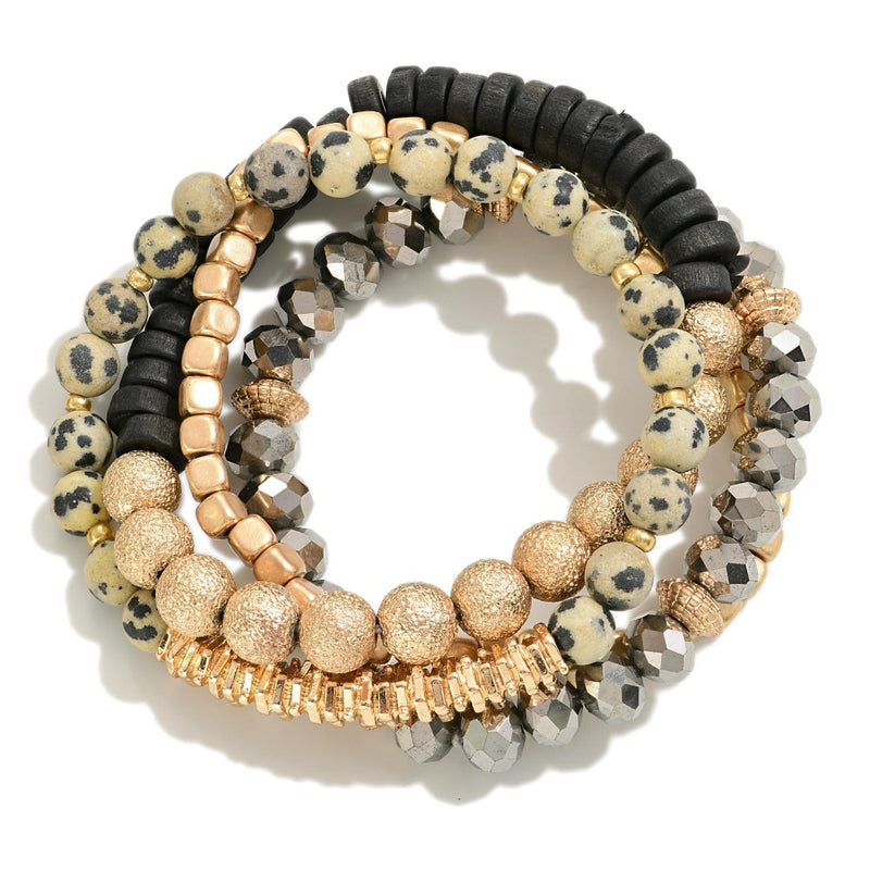 Set of Four Black Dalmatian Wood and Stone Beaded Bracelets Approximately 2.5" D
