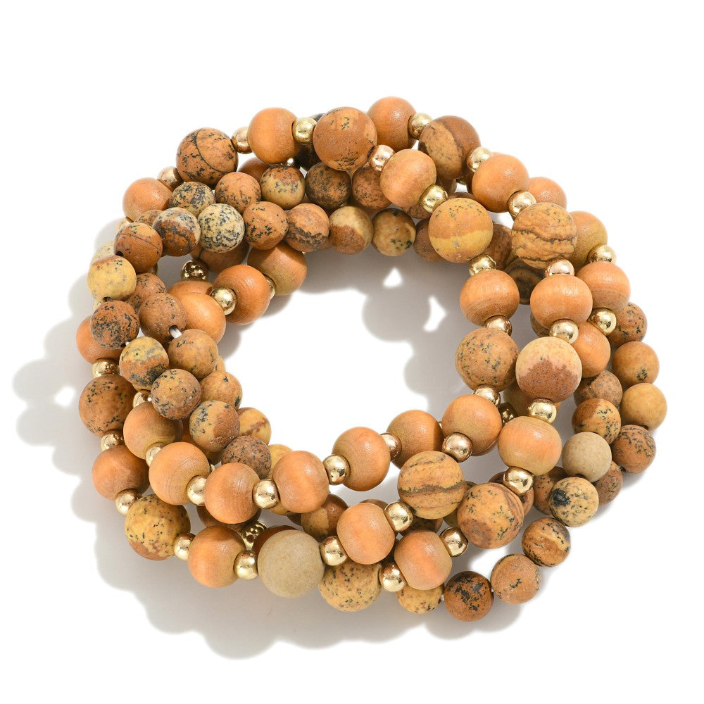 Set of Five Natural Brown Stone Beaded Stretch Bracelet Setts Approximately 2.5" D