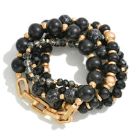 Black Mix Set of Five Beaded Bracelets with Wood and Chain Link Details