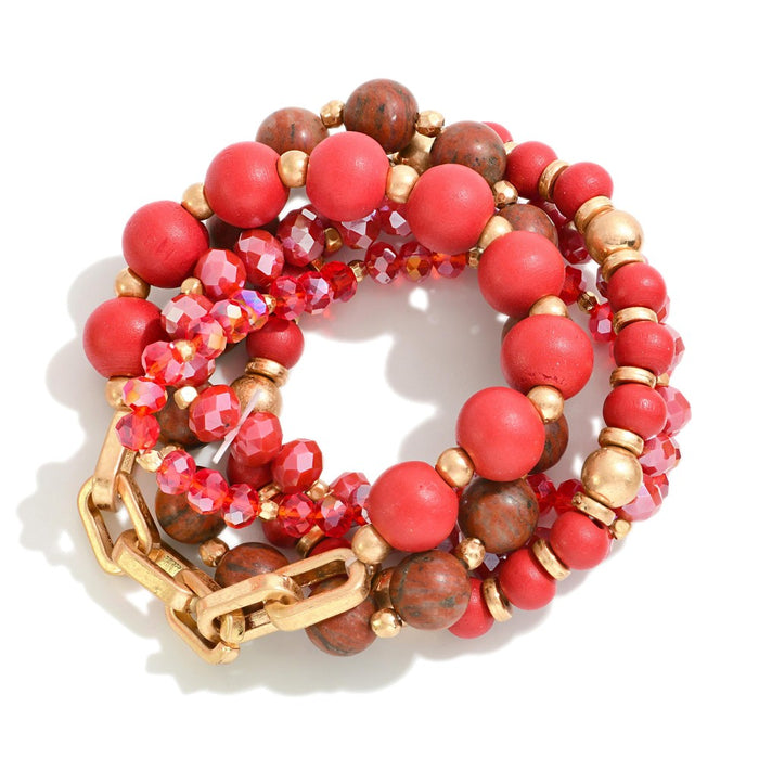 Red Burgundy Mix Set of Five Beaded Bracelets with Wood and Chain Link Details Approximately 2.5" D