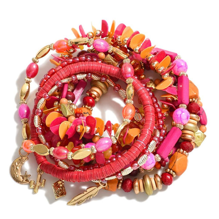 Pink Set of Ten Beaded Stretch Bracelets With Cactus and Feather Charms