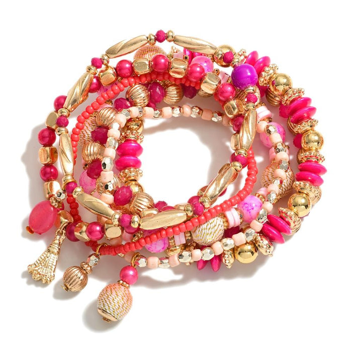 Pink Set of Ten Beaded Stretch Bracelets With Cactus and Feather Charms Approximately 3.5" D