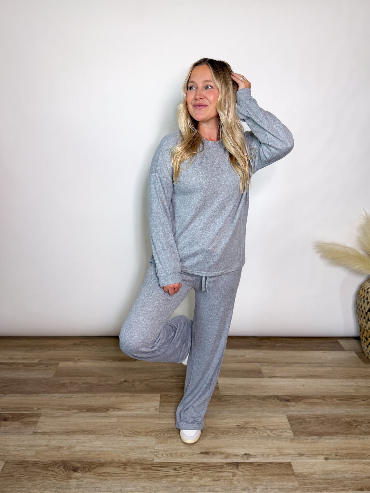 Heather Grey Soft Hacci Wide Leg Lounge Set