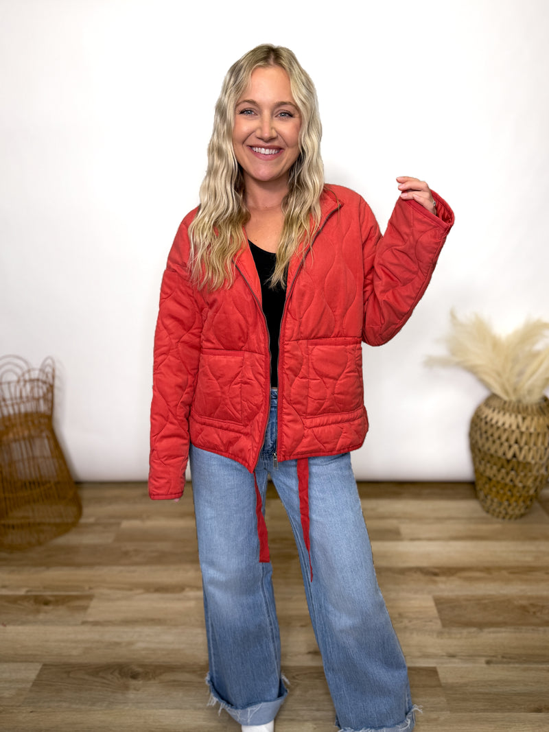 Pale Red Quilted Zip Up Jacket