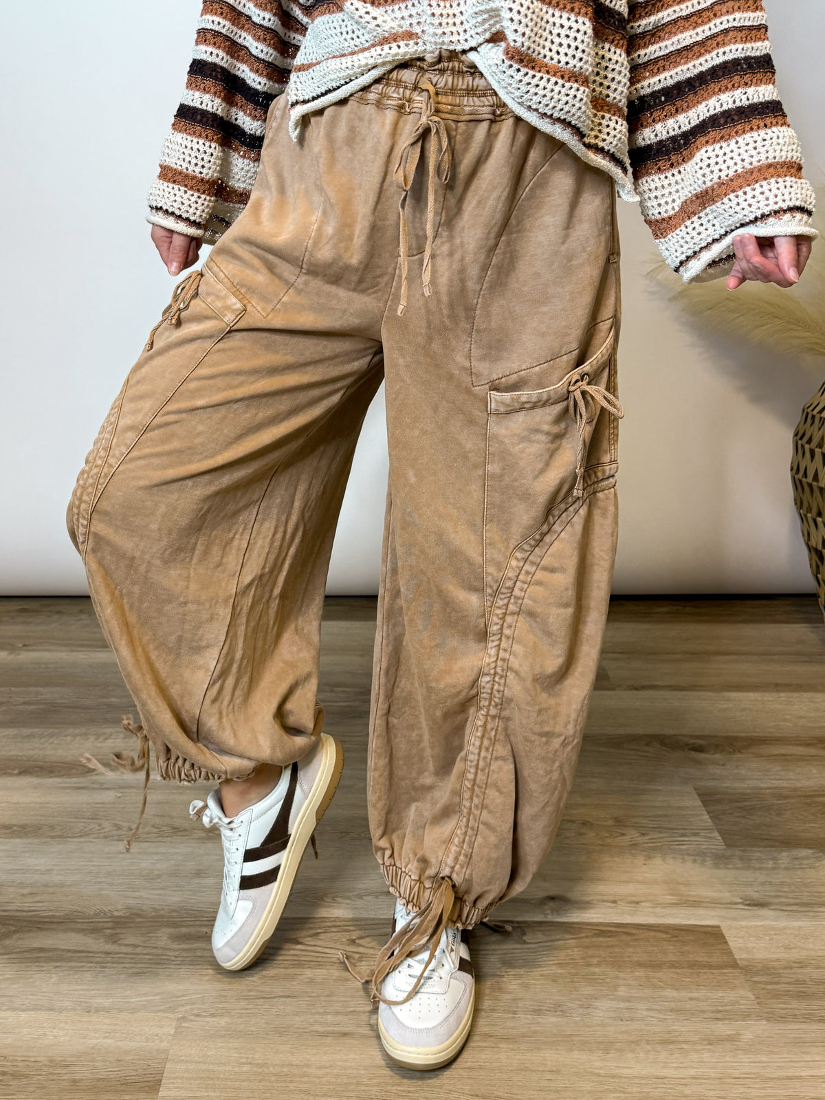 Camel Mineral Washed Boho Cargo Balloon Pants