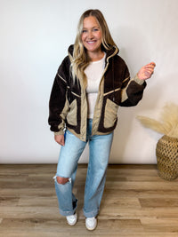 The Cabin Escape Dark Brown Colorblock Sherpa Hoodie Jacket