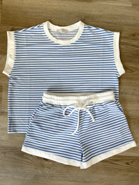 Light Blue Striped Two Piece Set with Short Sleeve Top & Pocket Shorts