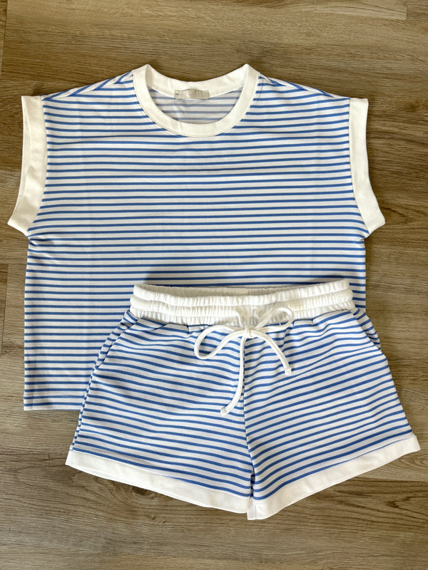 Light Blue Striped Two Piece Set with Short Sleeve Top & Pocket Shorts