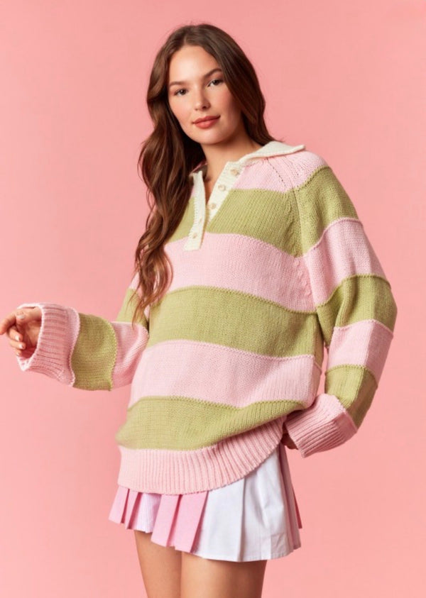 Pink + Sage Green Wide Stripe Oversized Spring Sweater