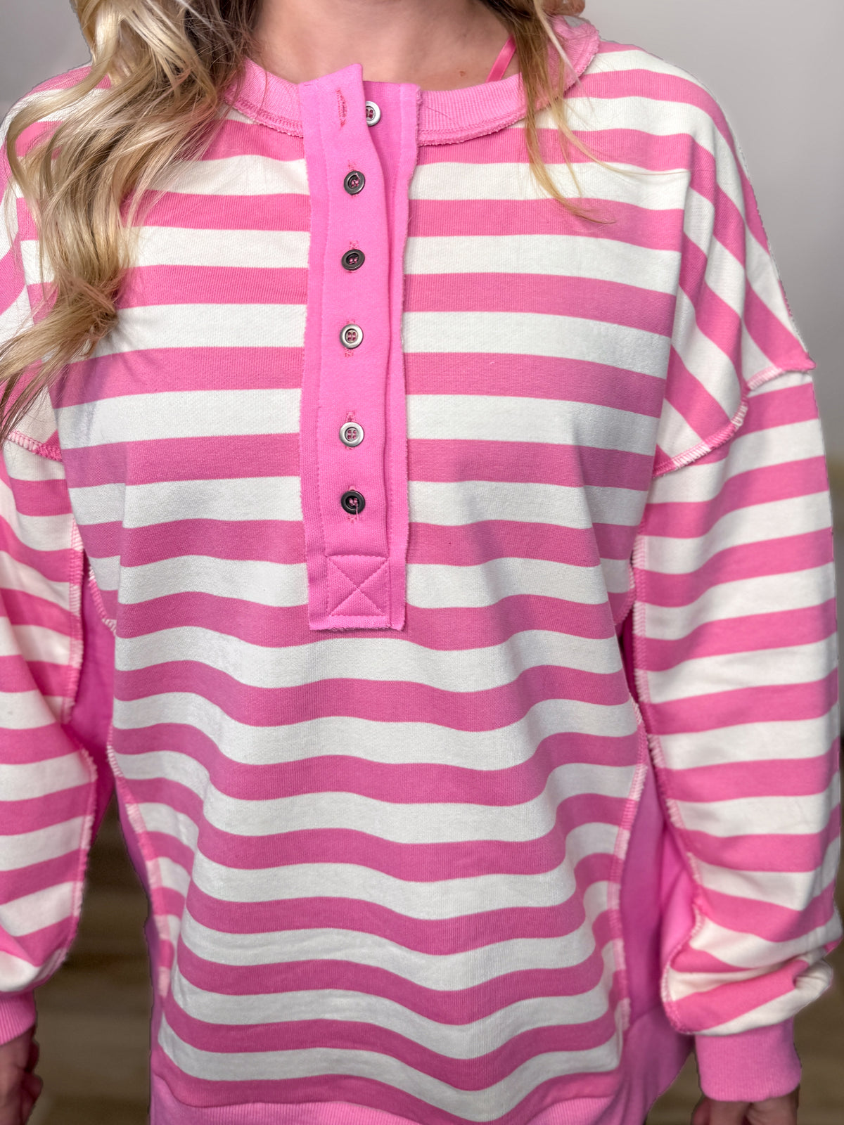 Pink Striped Half Button Down Oversized Pullover