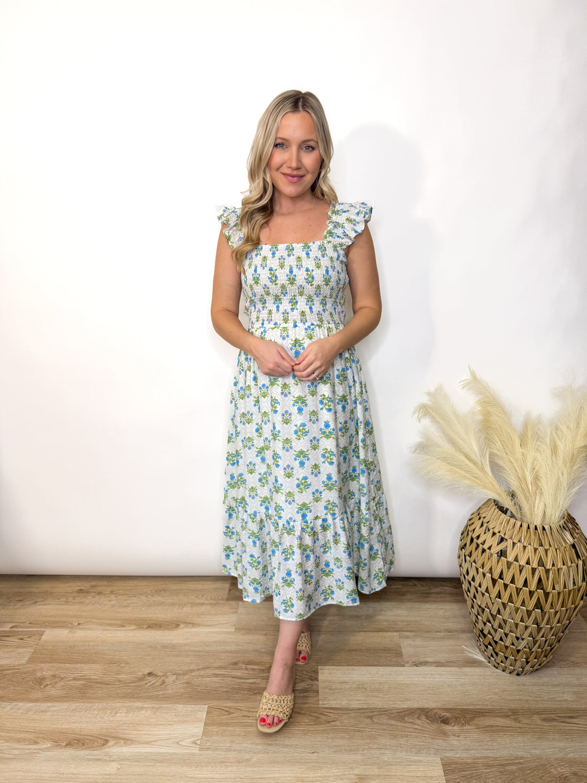 Azure Garden Boho Floral Smocked Midi Dress