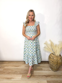 Azure Garden Boho Floral Smocked Midi Dress