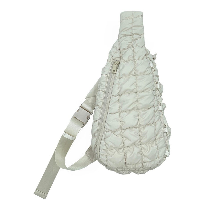 Ivory Quilted Puffer Sling Bag With Adjustable Cross Body Strap & Drawstring Detail