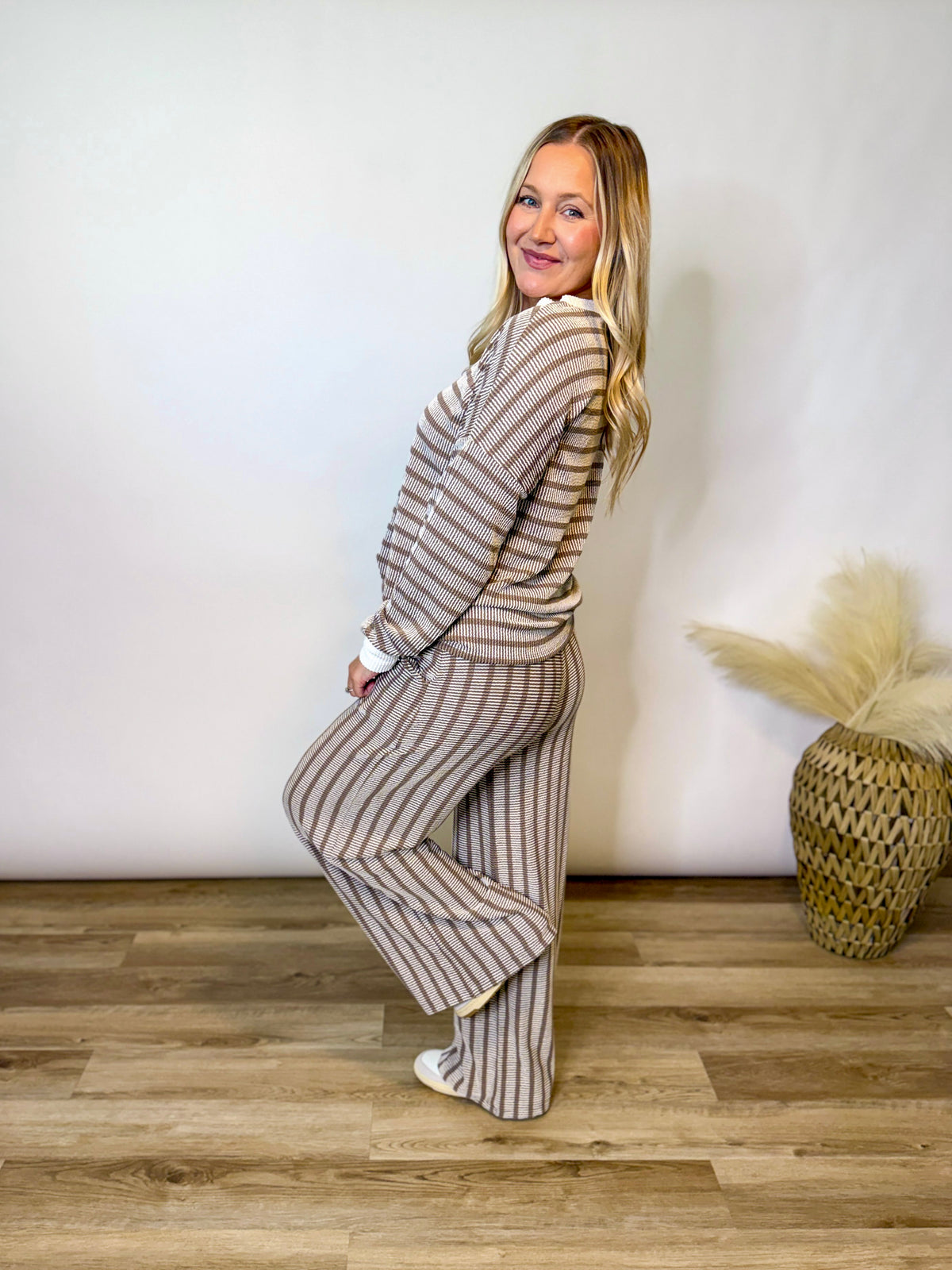 Mocha Striped Ribbed Long Sleeve Top and Wide Leg Matching Set