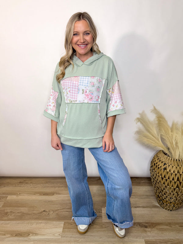 Sage Meadows Floral Patchwork Hoodie