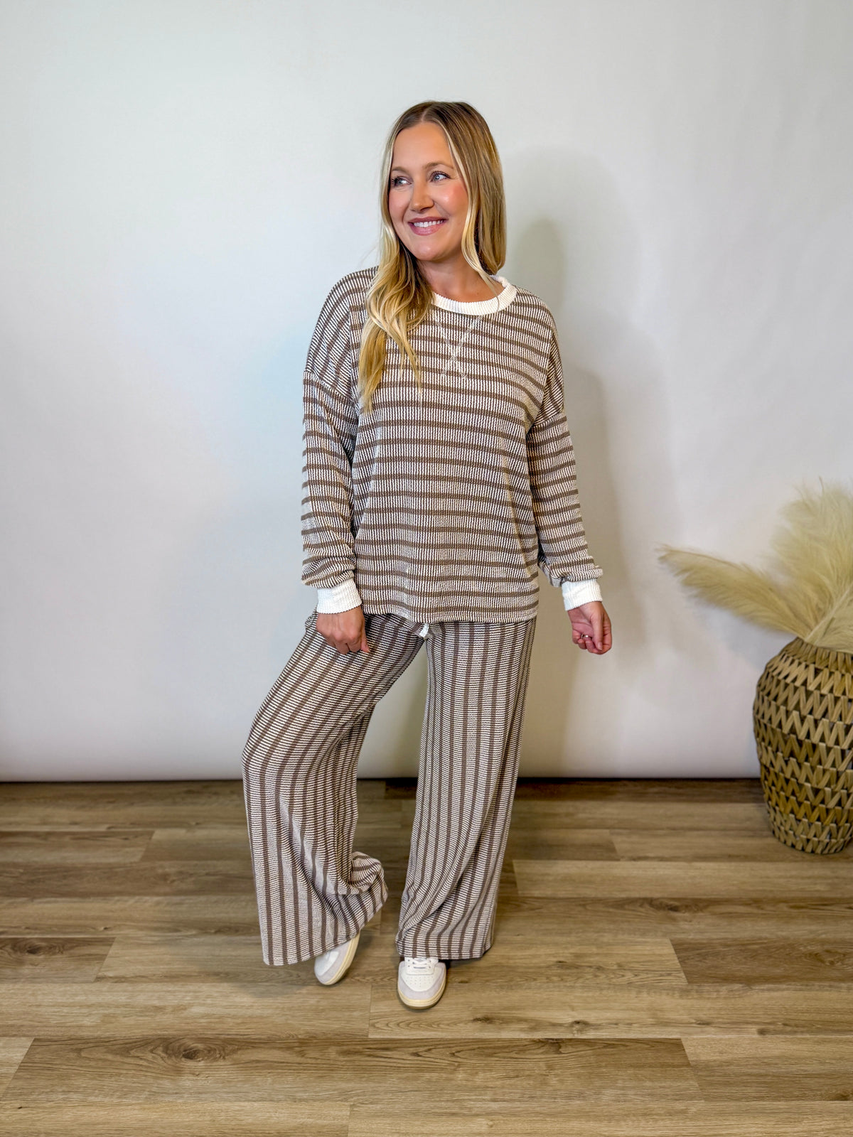 Mocha Striped Ribbed Long Sleeve Top and Wide Leg Matching Set