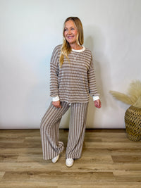 Mocha Striped Ribbed Long Sleeve Top and Wide Leg Matching Set