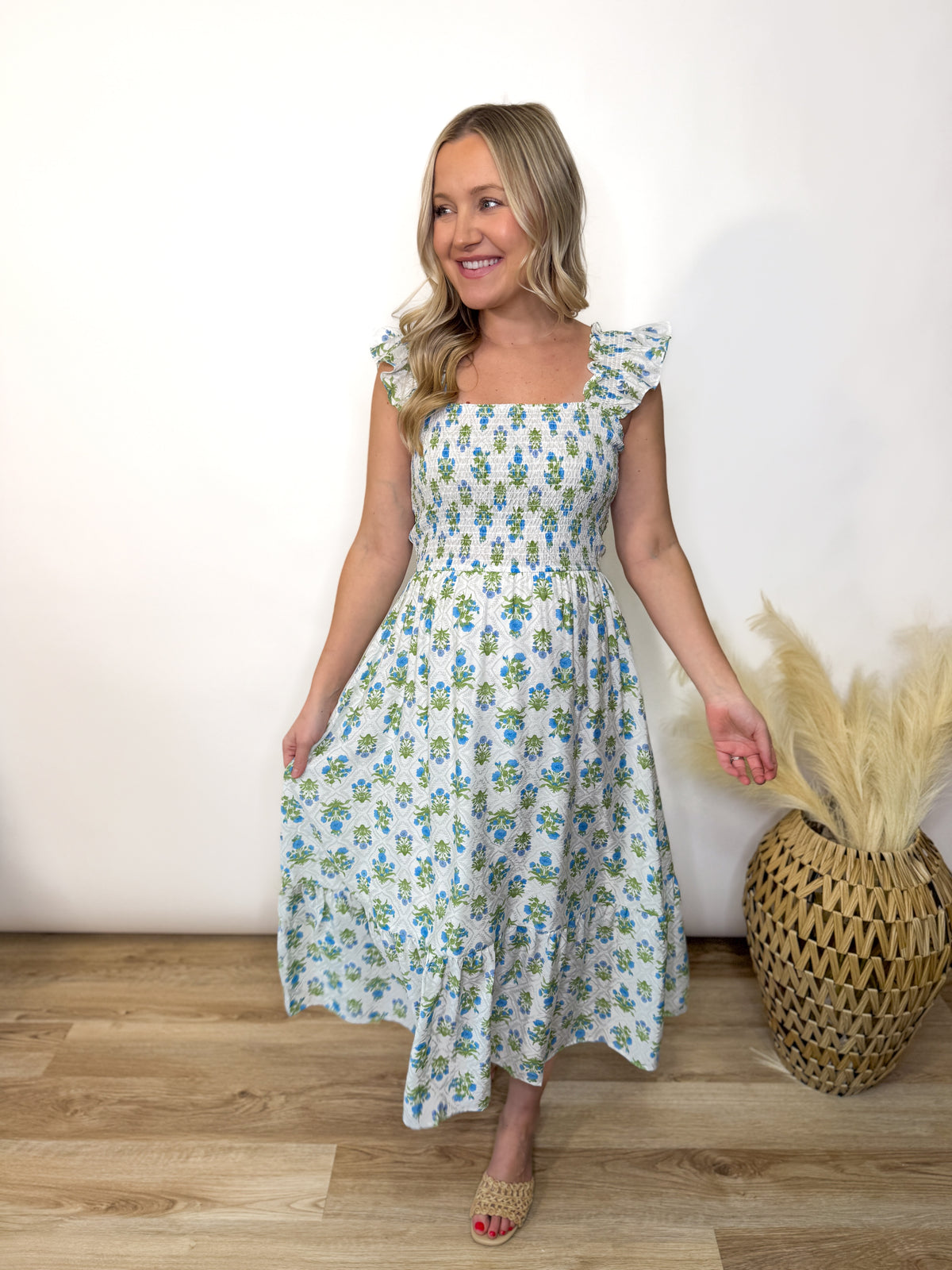 Azure Garden Boho Floral Smocked Midi Dress
