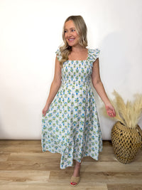 Azure Garden Boho Floral Smocked Midi Dress