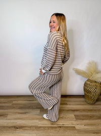 Mocha Striped Ribbed Long Sleeve Top and Wide Leg Matching Set