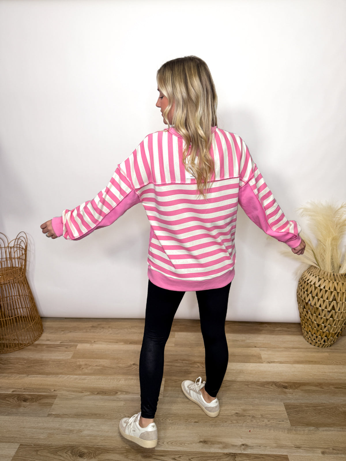 Pink Striped Half Button Down Oversized Pullover