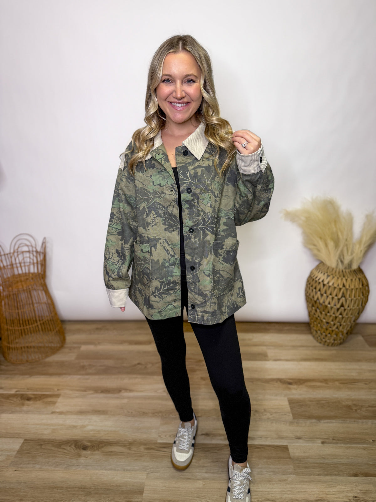 Camo Corduroy Accent Oversized Button-Up Jacket