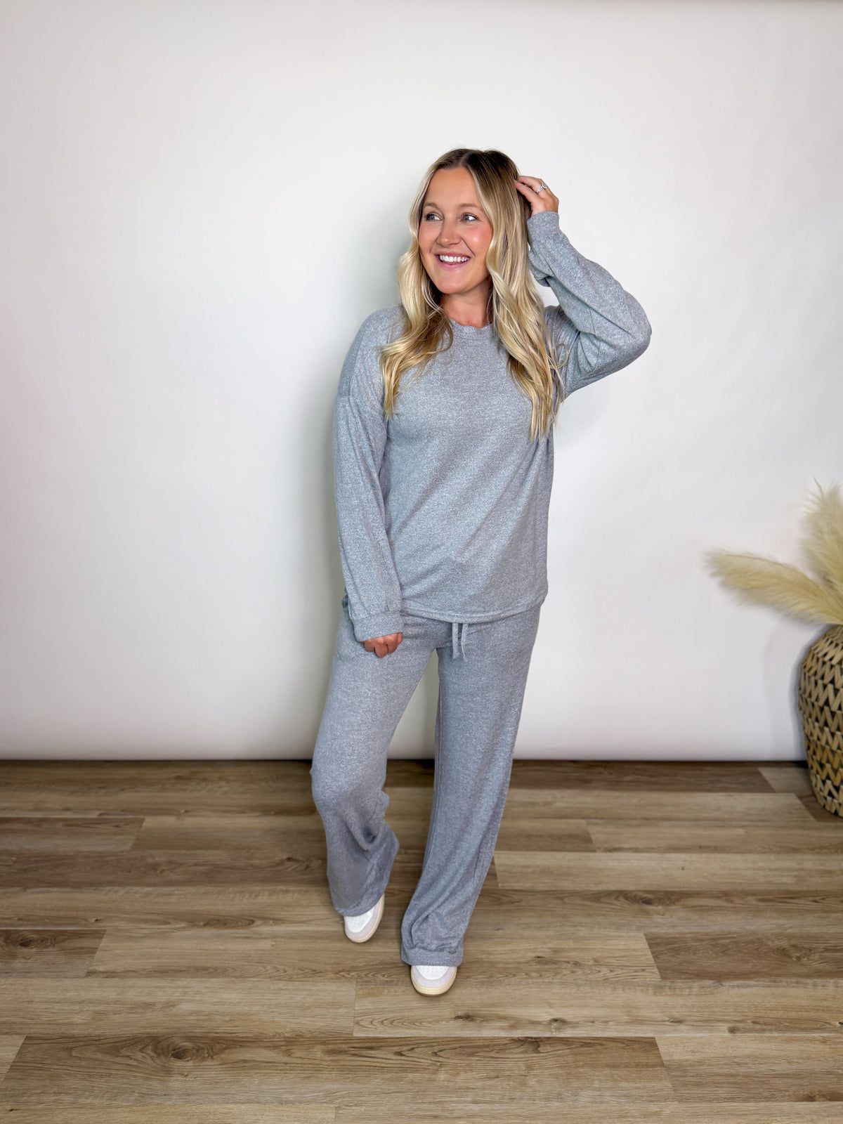 Heather Grey Soft Hacci Wide Leg Lounge Set