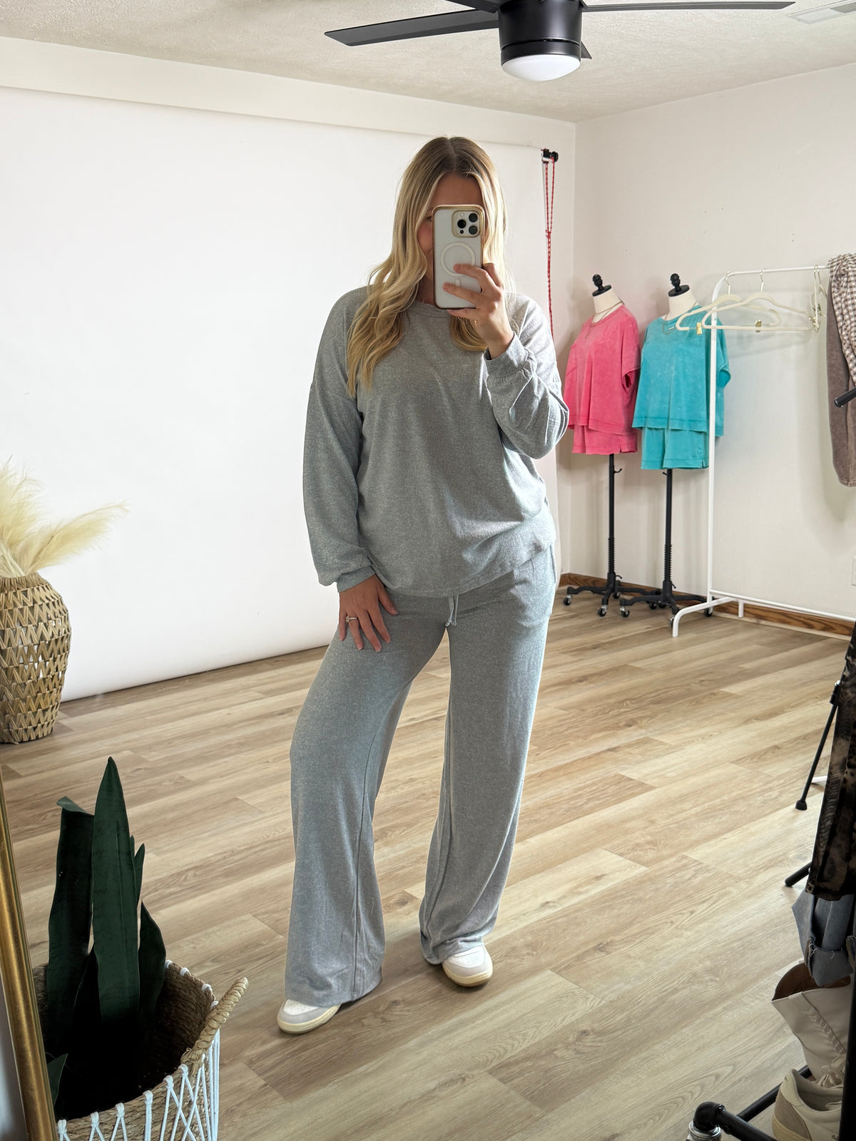 Heather Grey Soft Hacci Wide Leg Lounge Set