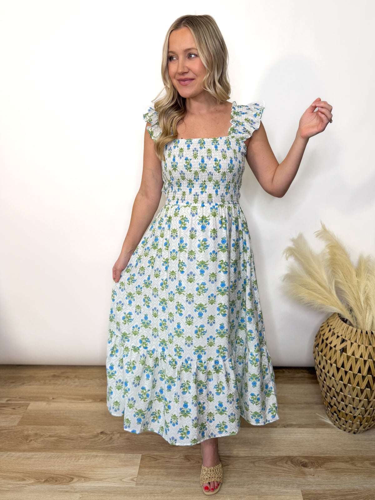 Azure Garden Boho Floral Smocked Midi Dress