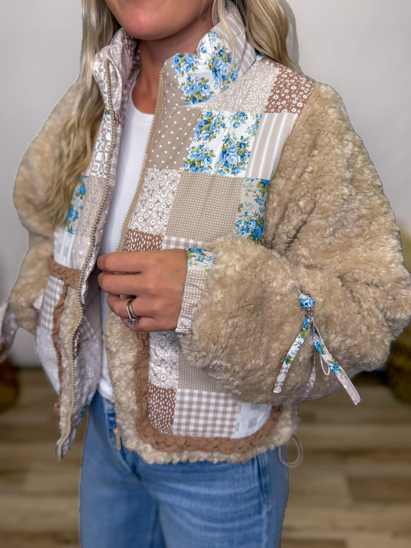Boho Patchwork Sherpa Zip Up Jacket