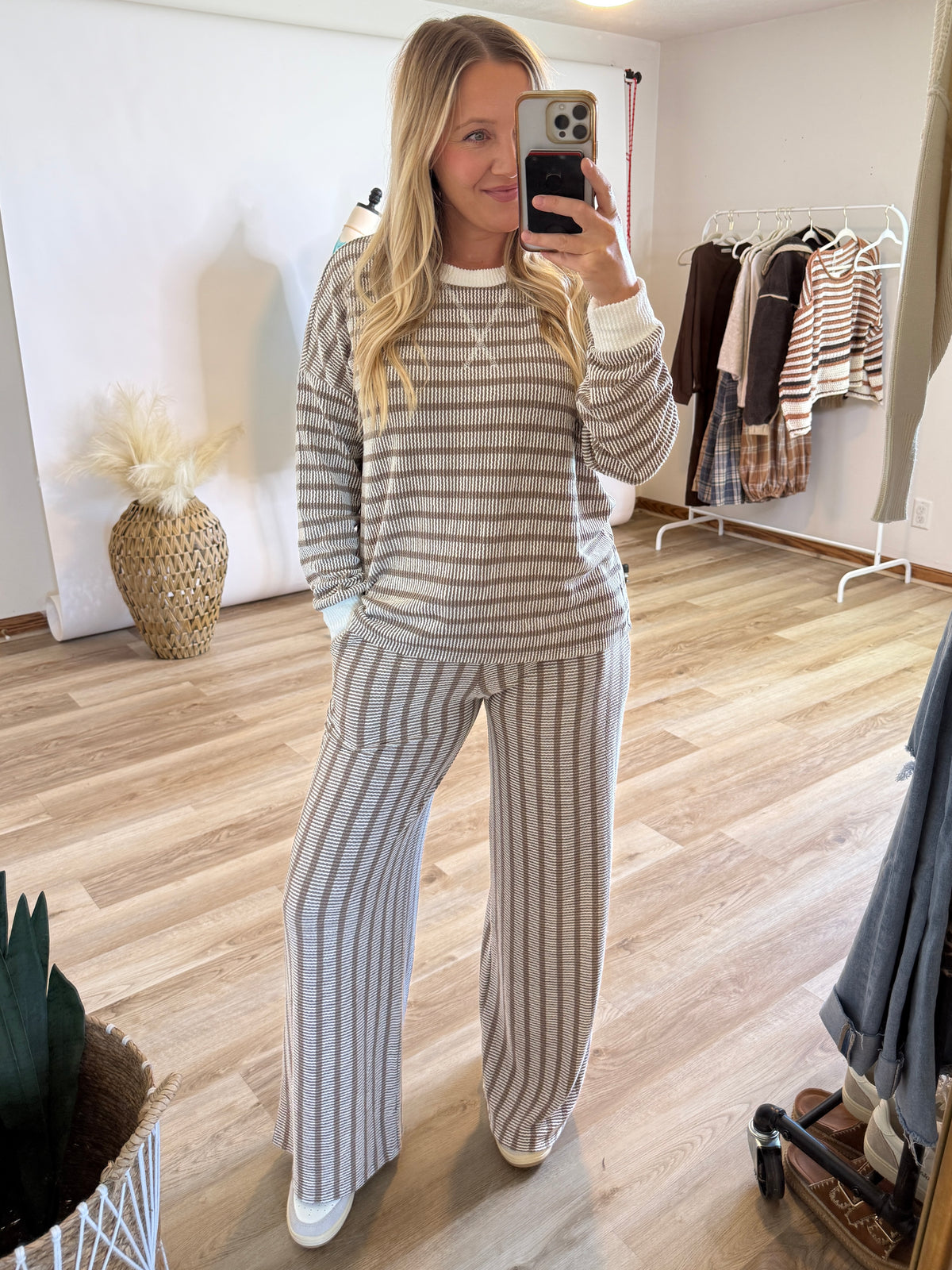 Mocha Striped Ribbed Long Sleeve Top and Wide Leg Matching Set