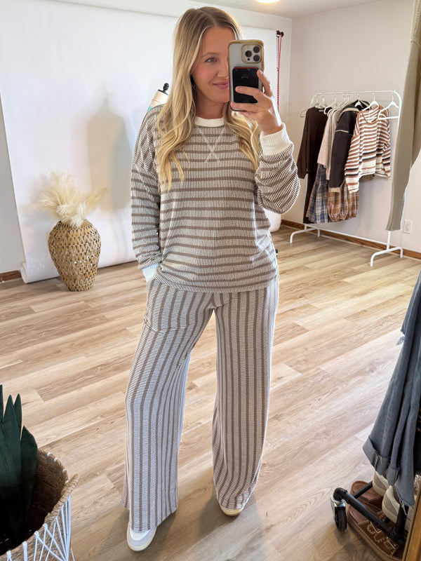 Mocha Striped Ribbed Long Sleeve Top and Wide Leg Matching Set