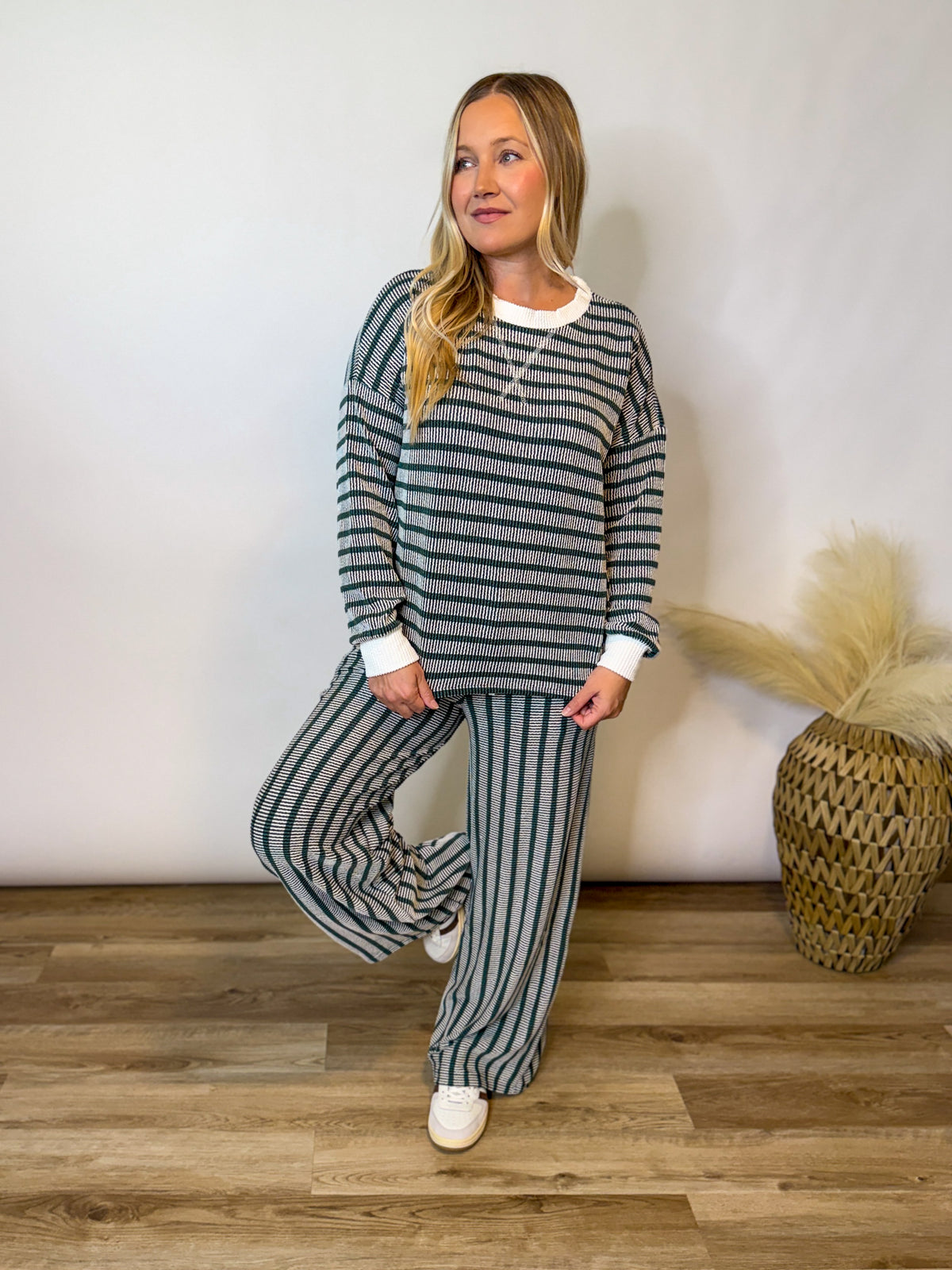 Hunter Green Striped Ribbed Long Sleeve Top and Wide Leg Matching Set