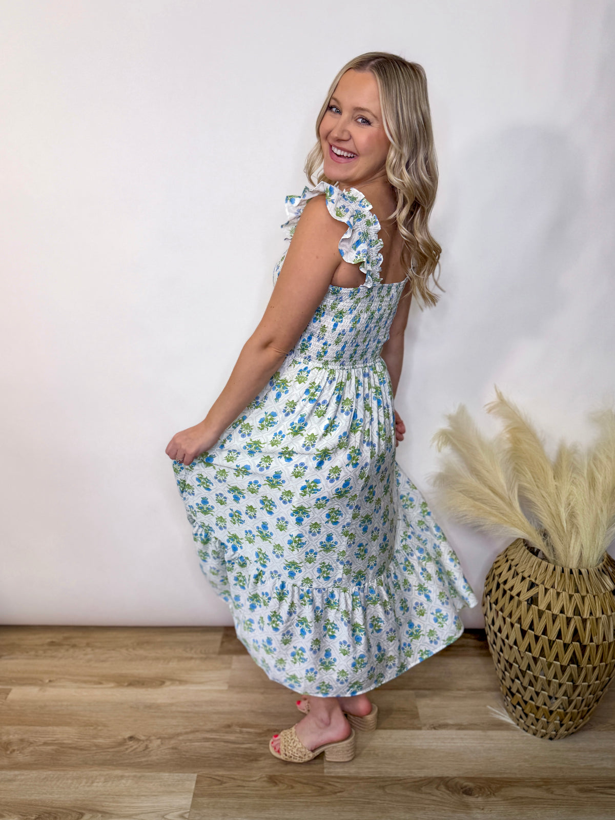 Azure Garden Boho Floral Smocked Midi Dress
