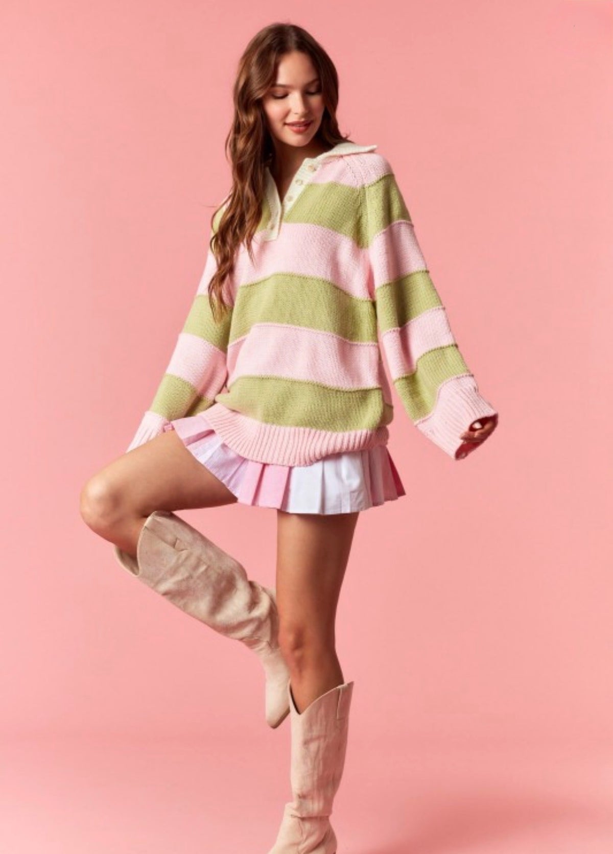 Pink + Sage Green Wide Stripe Oversized Spring Sweater