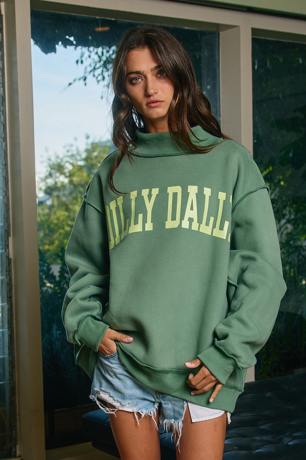 **PRE-ORDER** Dilly Dally Reversible Mock Neck Sweatshirt in Green