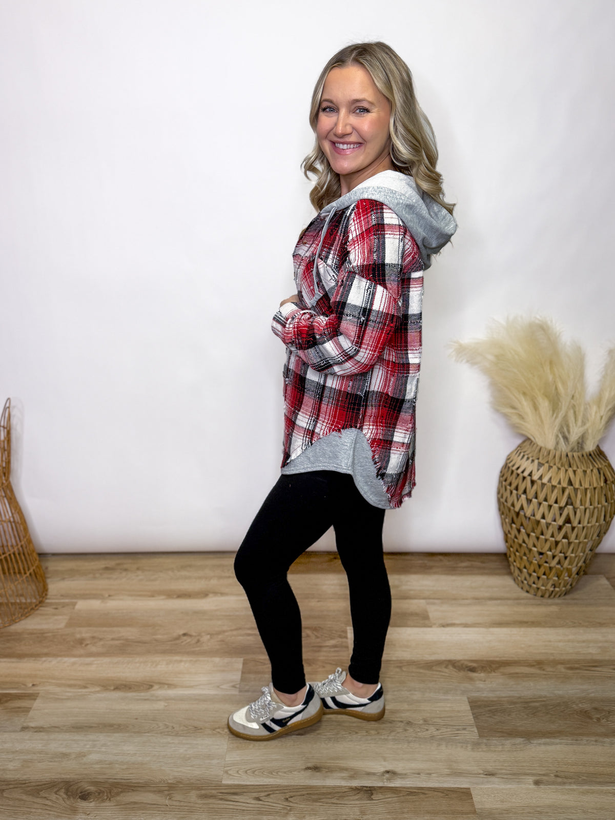 Red Plaid Flannel Hoodie Button Up Shacket