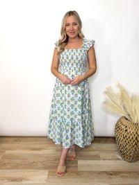 Azure Garden Boho Floral Smocked Midi Dress