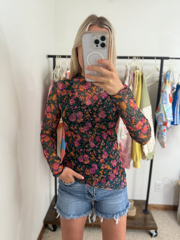 Black Floral Mesh Long Sleeve Top