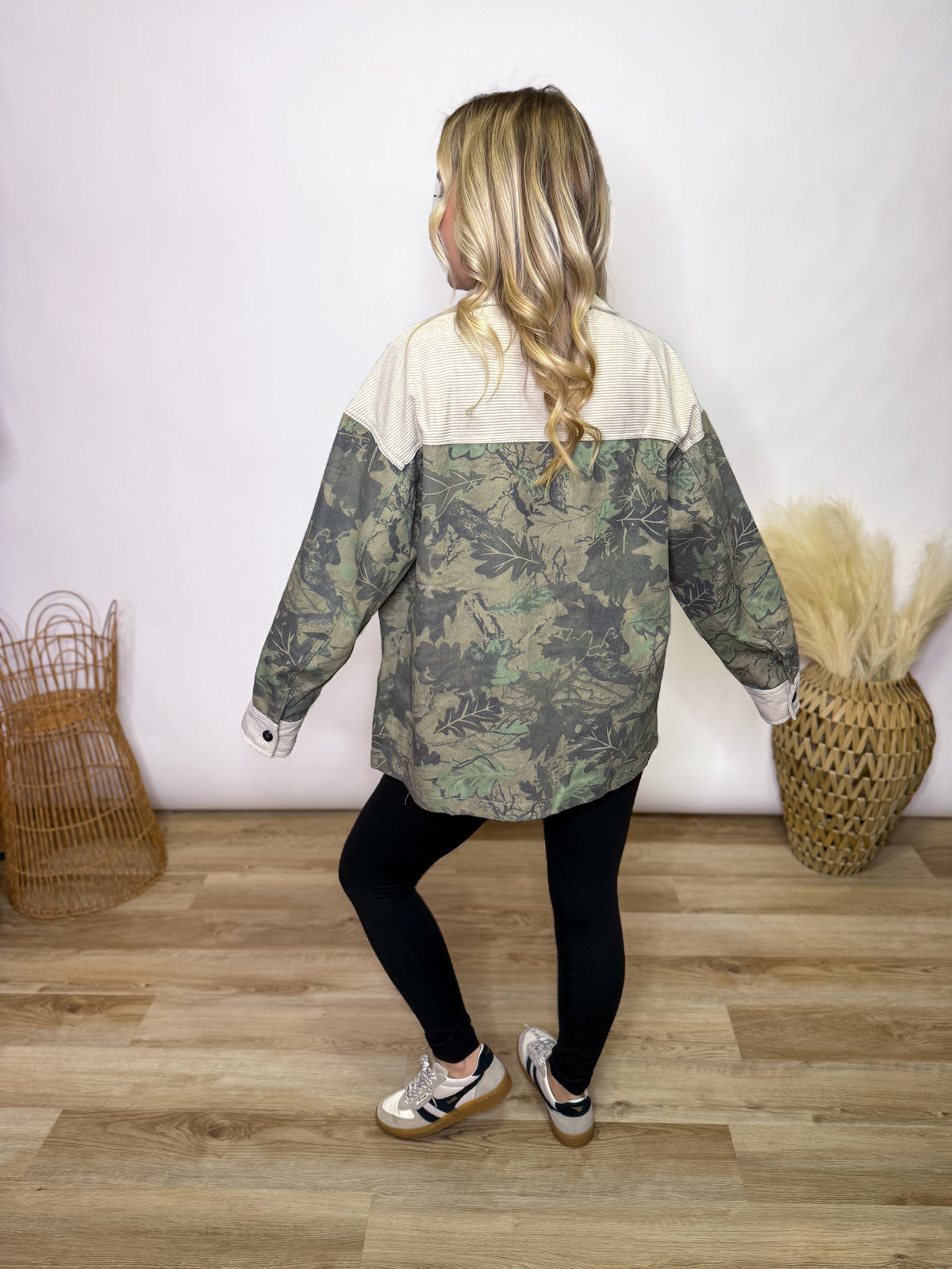 Camo Corduroy Accent Oversized Button-Up Jacket