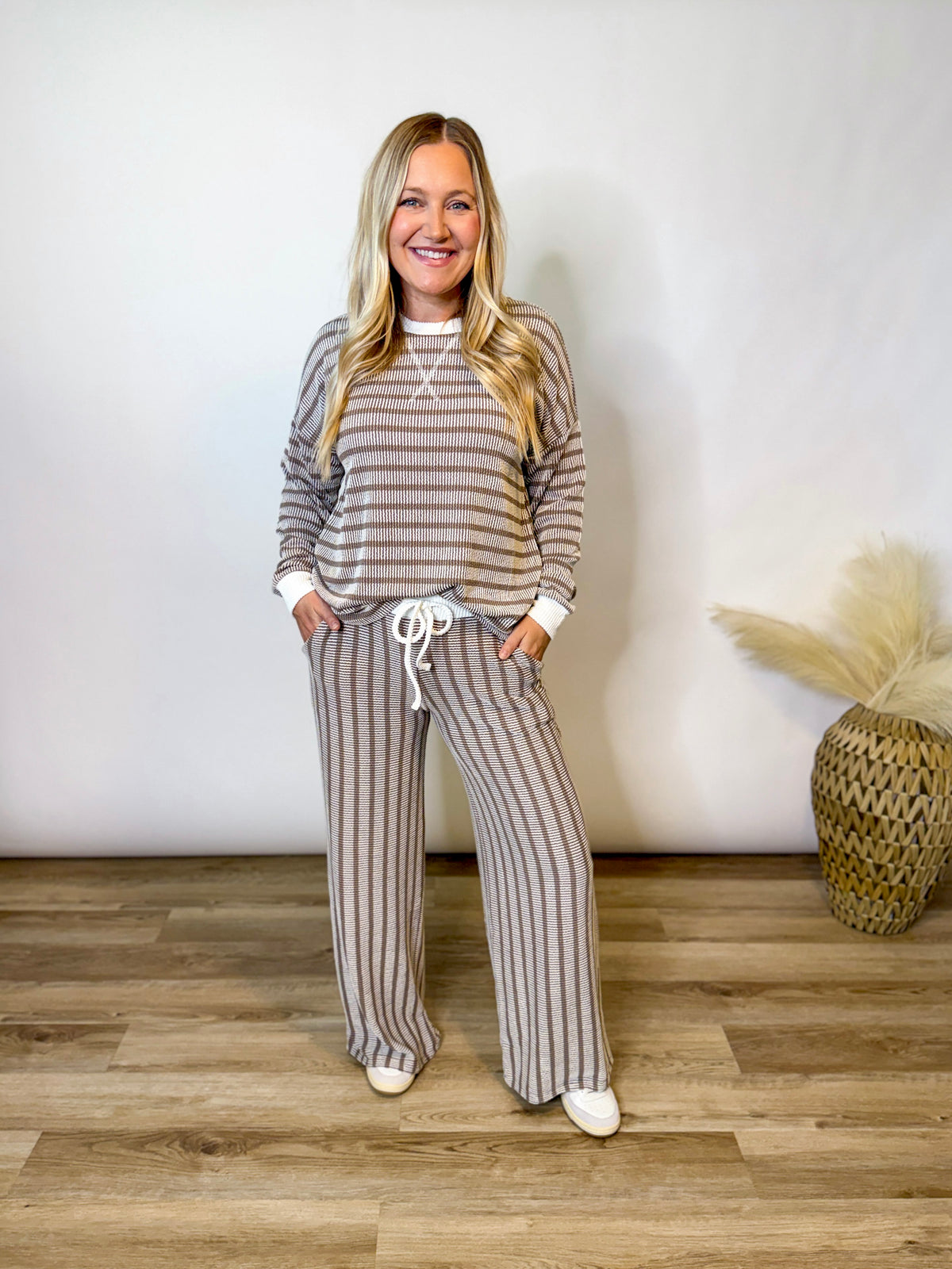 Mocha Striped Ribbed Long Sleeve Top and Wide Leg Matching Set