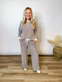 Mocha Striped Ribbed Long Sleeve Top and Wide Leg Matching Set