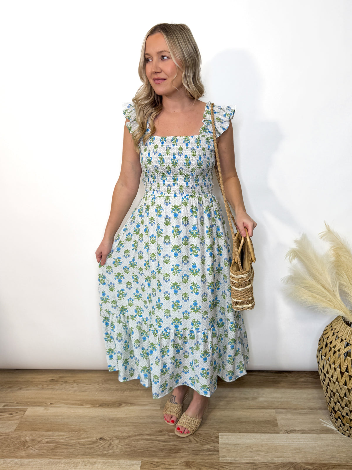 Azure Garden Boho Floral Smocked Midi Dress