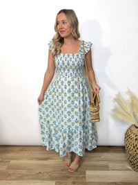 Azure Garden Boho Floral Smocked Midi Dress