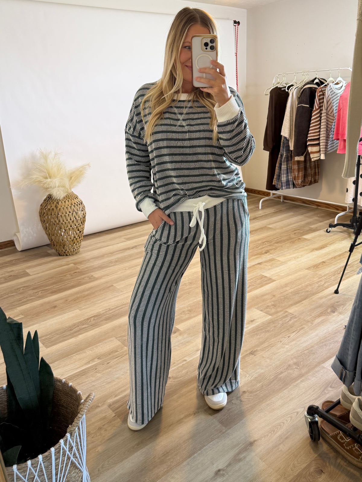 Hunter Green Striped Ribbed Long Sleeve Top and Wide Leg Matching Set