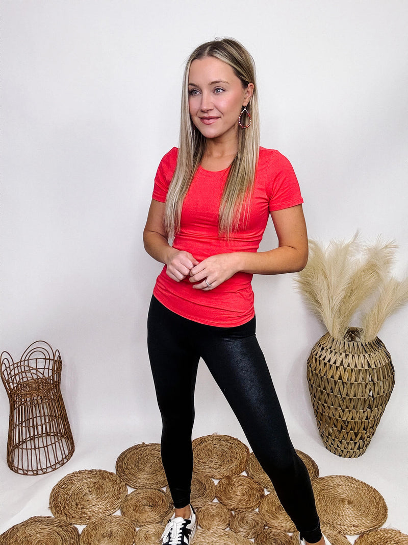 Active Basic Coral  Crew Neck Short Sleeve Top Stretchy and Fitted Soft Lightweight Material 95% Cotton, 5% Spandex
