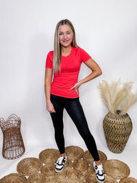 Active Basic Coral  Crew Neck Short Sleeve Top Stretchy and Fitted Soft Lightweight Material 95% Cotton, 5% Spandex